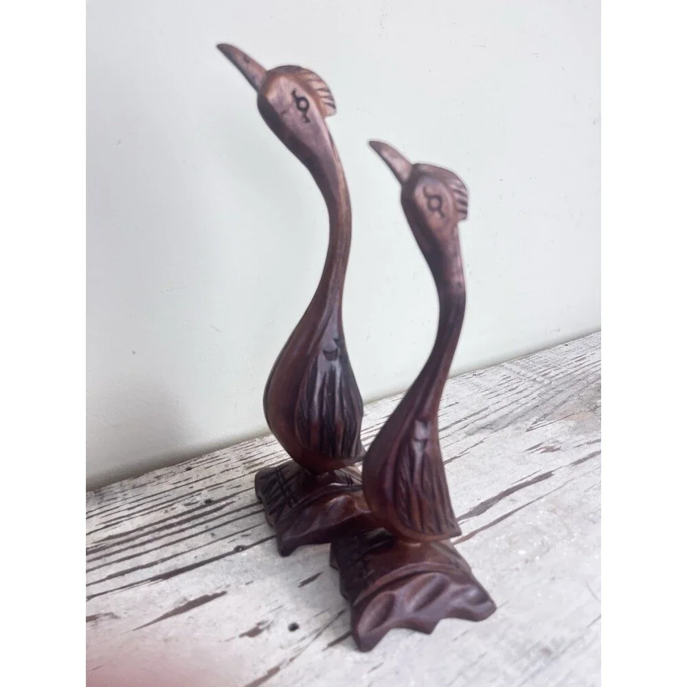 Vintage Mid Century Hand Carved Wooden Long Neck Cranes Set / Country Home Decor
